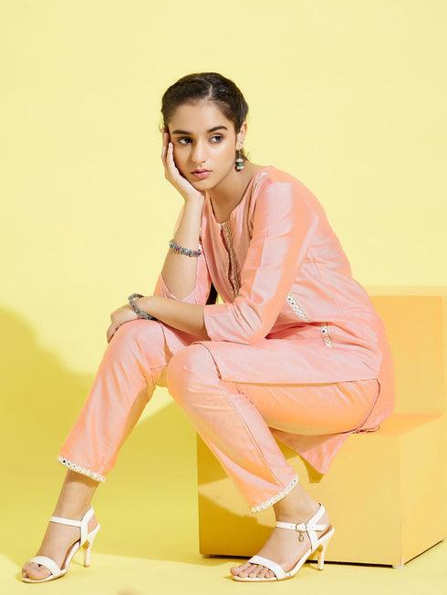 Girl's' Pink Viscose Kurta And Straight Pant Set